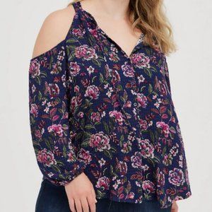 Torrid COLD SHOULDER BLOUSE - CRINKLE GAUZE FLORAL NAVY